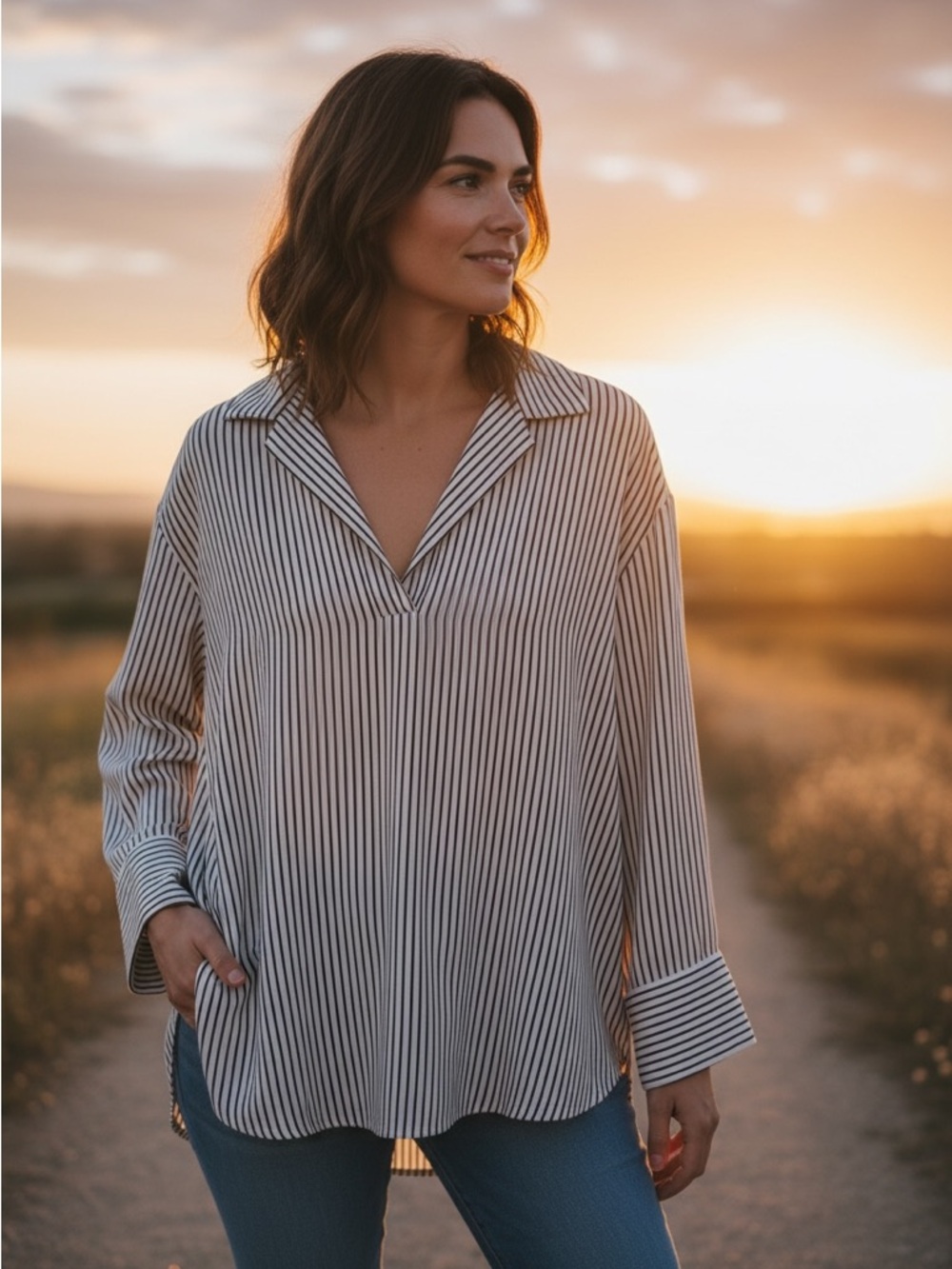 Women's H&M Striped V-Neck Long Sleeve Top - Black & White